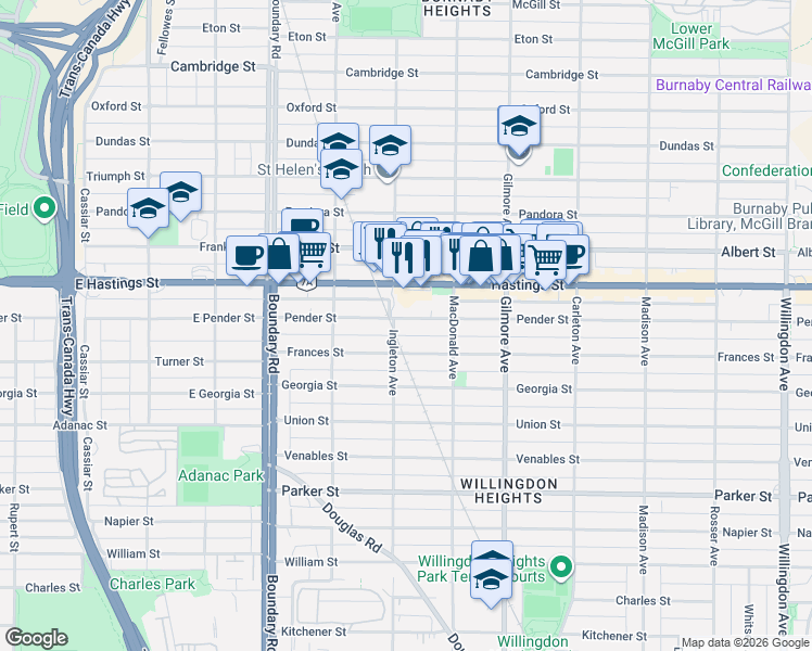 map of restaurants, bars, coffee shops, grocery stores, and more near 3906 Pender Street in Burnaby