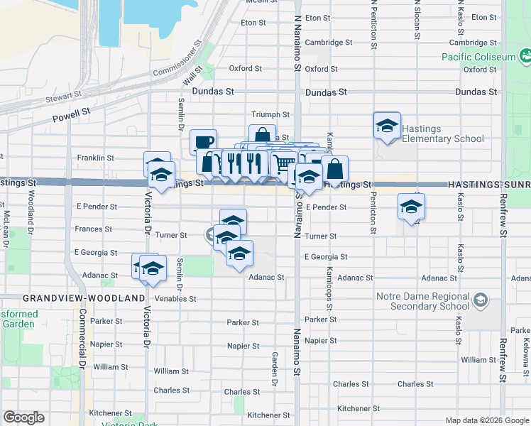 map of restaurants, bars, coffee shops, grocery stores, and more near 2256 East Pender Street in Vancouver