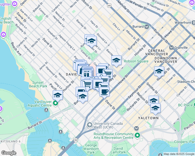 map of restaurants, bars, coffee shops, grocery stores, and more near 1081 Burrard Street in Vancouver