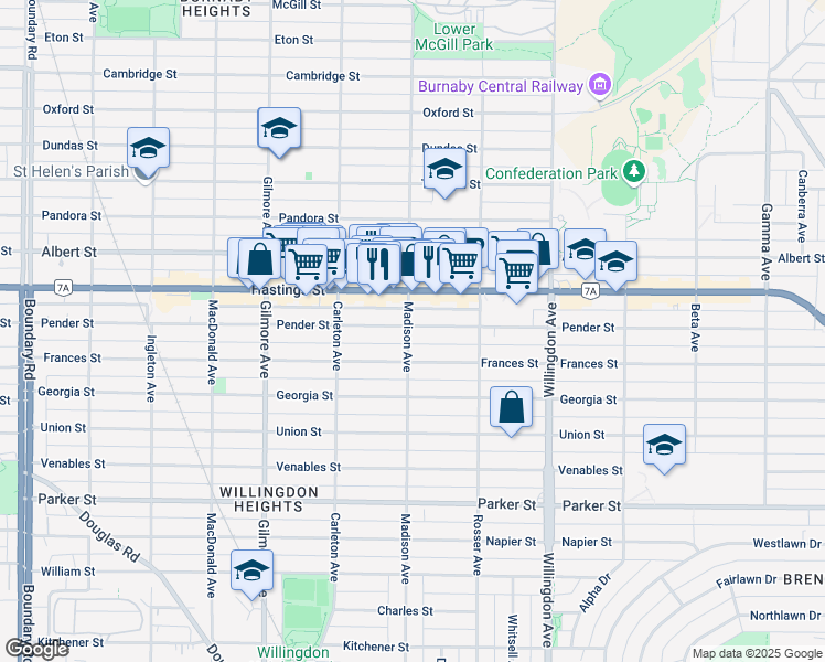 map of restaurants, bars, coffee shops, grocery stores, and more near 506 Madison Avenue in Burnaby