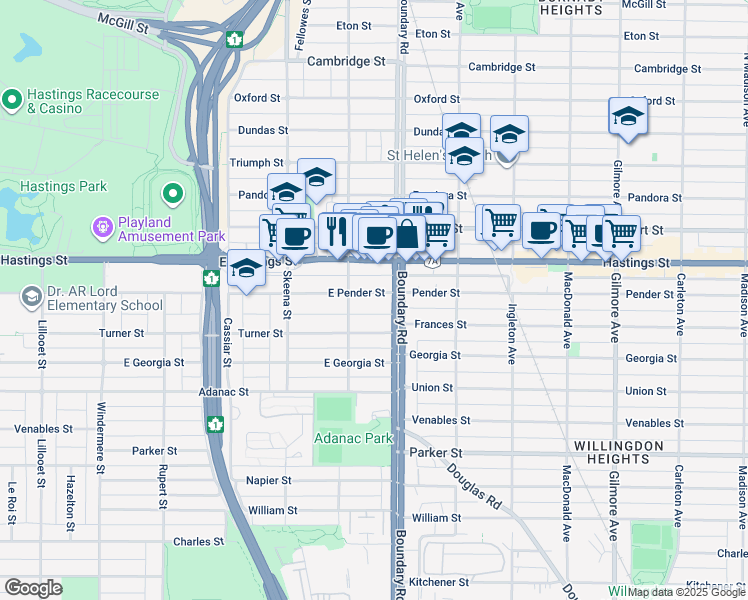 map of restaurants, bars, coffee shops, grocery stores, and more near 3654 East Pender Street in Vancouver