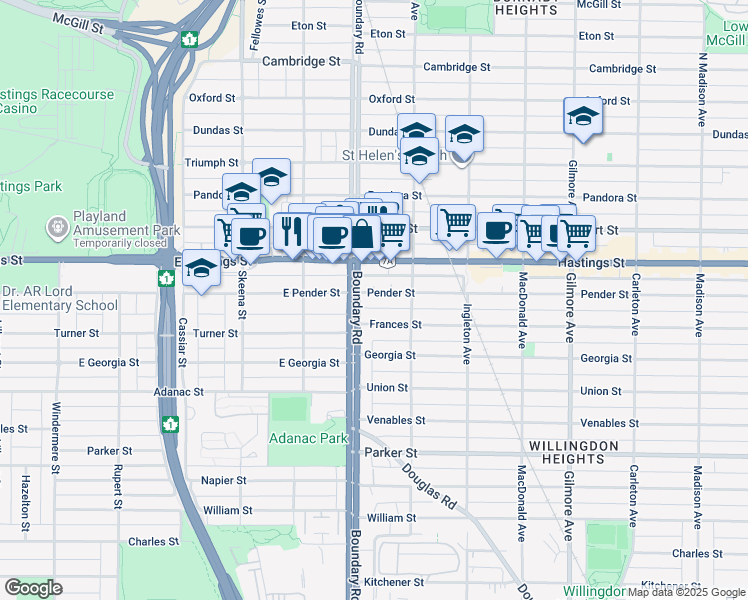 map of restaurants, bars, coffee shops, grocery stores, and more near 3712 Pender Street in Burnaby