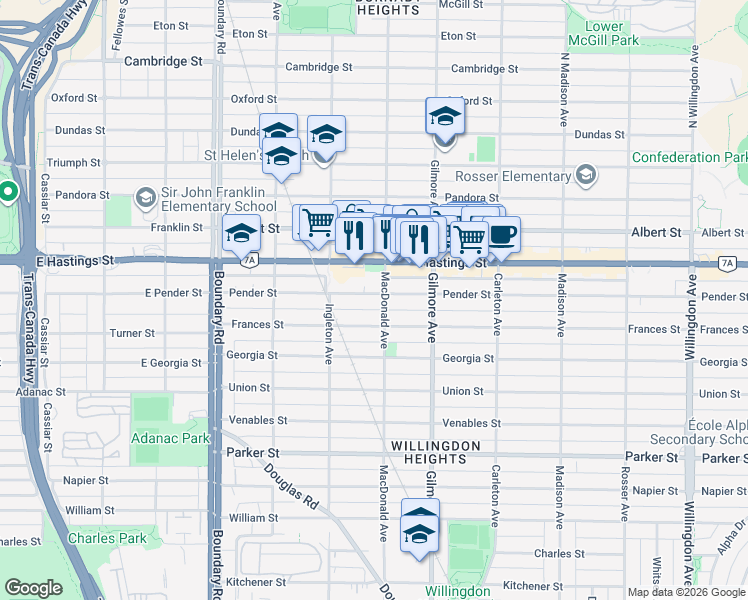 map of restaurants, bars, coffee shops, grocery stores, and more near 3980 Pender Street in Burnaby