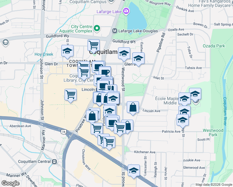 map of restaurants, bars, coffee shops, grocery stores, and more near 1145 Heffley Crescent in Coquitlam