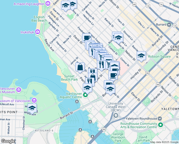 map of restaurants, bars, coffee shops, grocery stores, and more near 1155 Harwood Street in Vancouver
