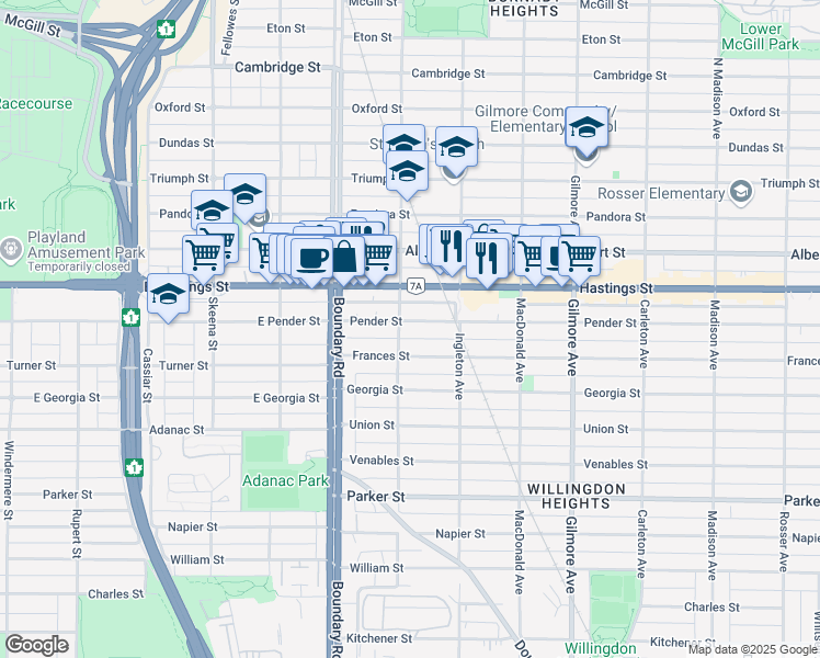 map of restaurants, bars, coffee shops, grocery stores, and more near 3828 Pender Street in Burnaby