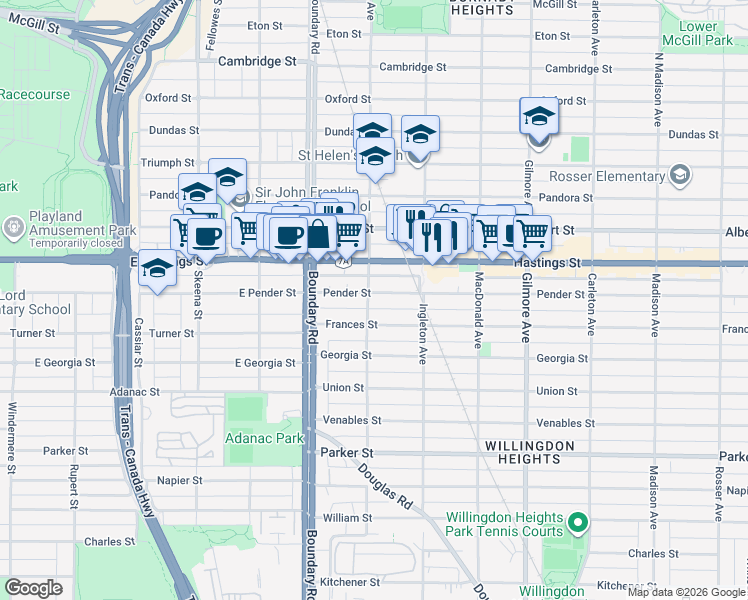 map of restaurants, bars, coffee shops, grocery stores, and more near 3800 Pender Street in Burnaby