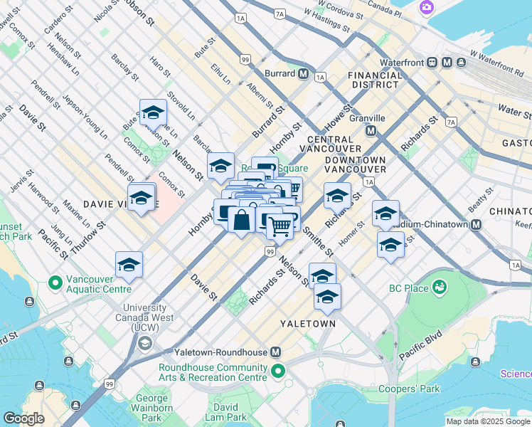 map of restaurants, bars, coffee shops, grocery stores, and more near 1033 Granville Street in Vancouver