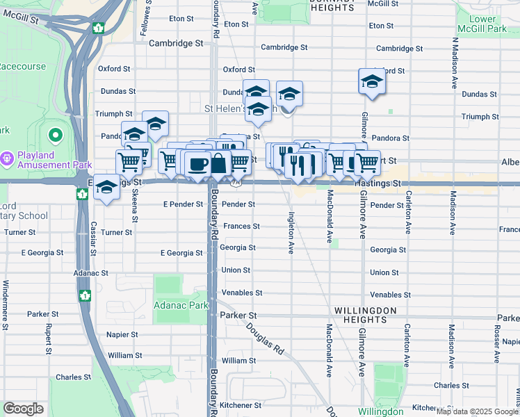 map of restaurants, bars, coffee shops, grocery stores, and more near 3828 Pender Street in Burnaby