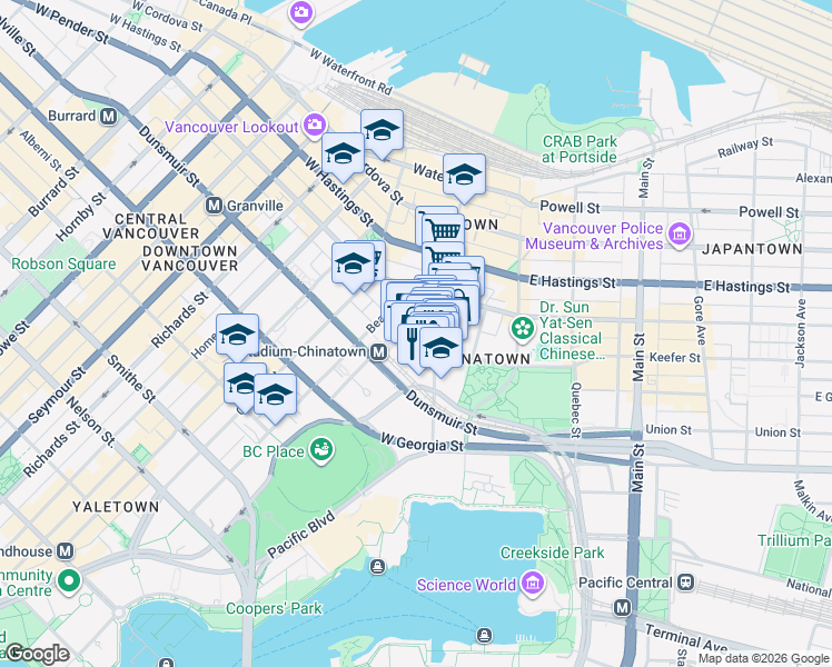 map of restaurants, bars, coffee shops, grocery stores, and more near 183 Keefer Place in Vancouver