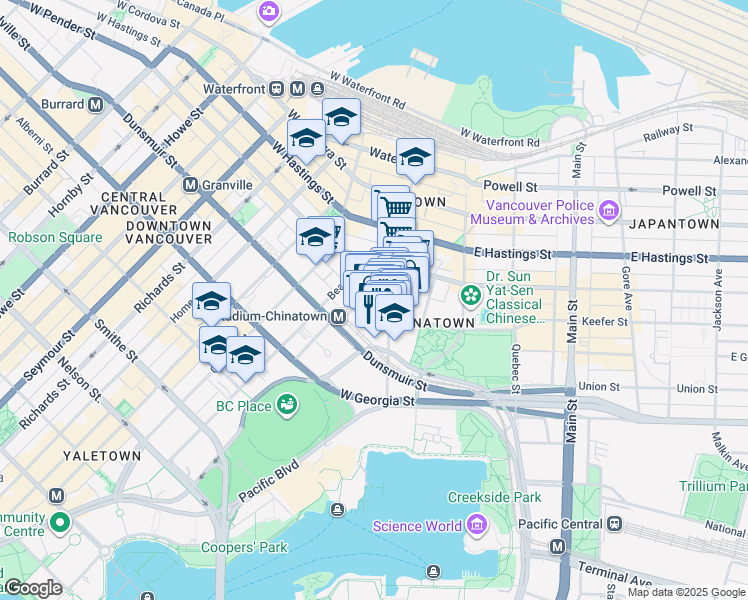 map of restaurants, bars, coffee shops, grocery stores, and more near 181 Keefer Place in Vancouver