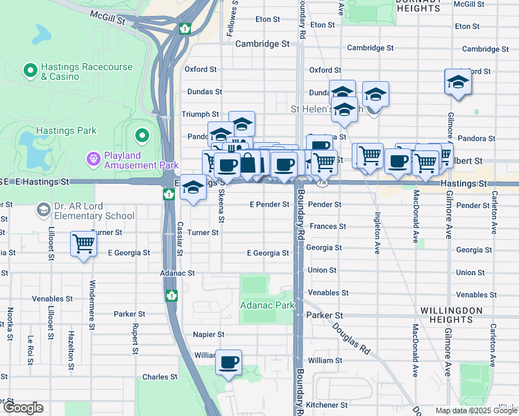 map of restaurants, bars, coffee shops, grocery stores, and more near 519 Kootenay Street in Vancouver