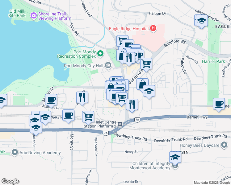 map of restaurants, bars, coffee shops, grocery stores, and more near 110 Brew Street in Port Moody