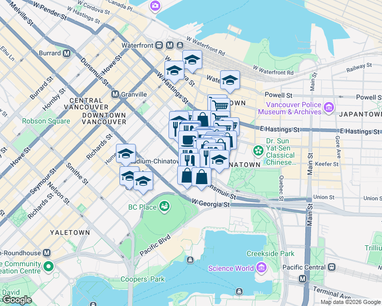 map of restaurants, bars, coffee shops, grocery stores, and more near in Vancouver