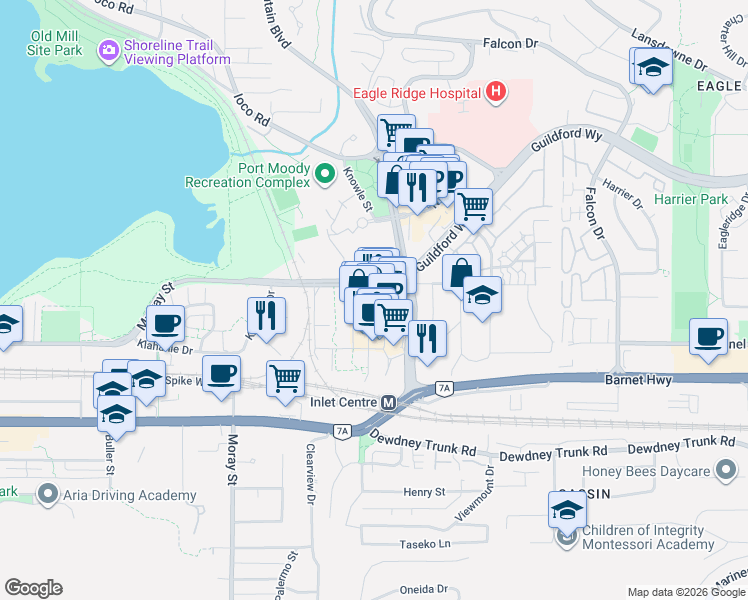 map of restaurants, bars, coffee shops, grocery stores, and more near 110 Brew Street in Port Moody