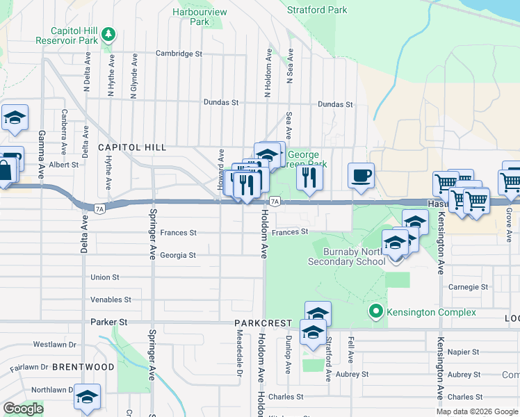 map of restaurants, bars, coffee shops, grocery stores, and more near 5688 Hastings Street in Burnaby