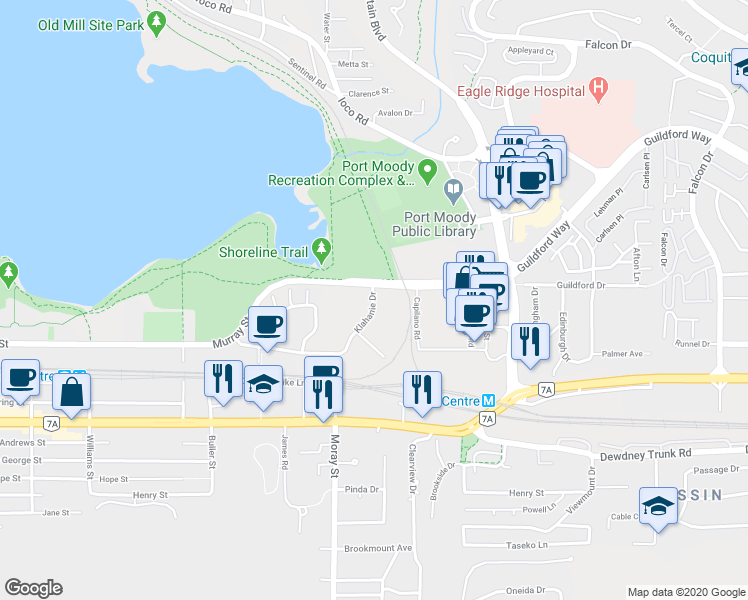 map of restaurants, bars, coffee shops, grocery stores, and more near in Port Moody