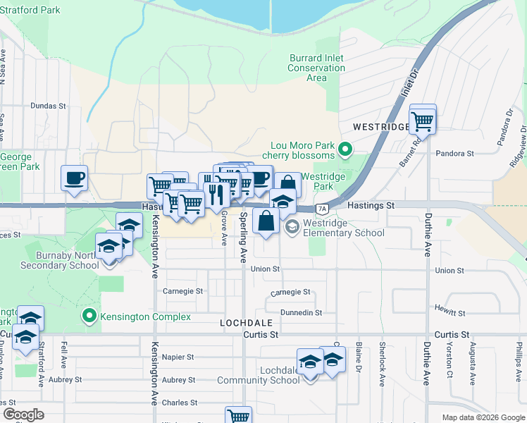 map of restaurants, bars, coffee shops, grocery stores, and more near 533 Clare Ave in Burnaby