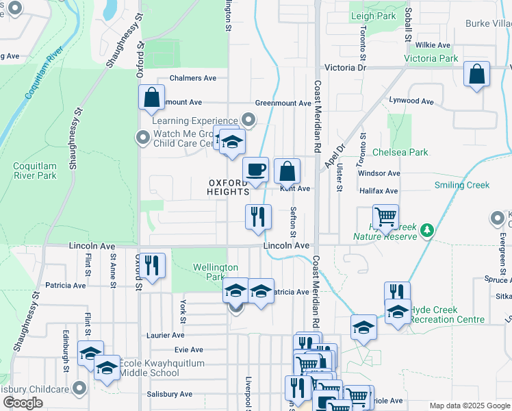 map of restaurants, bars, coffee shops, grocery stores, and more near 3772 Liverpool Street in Port Coquitlam