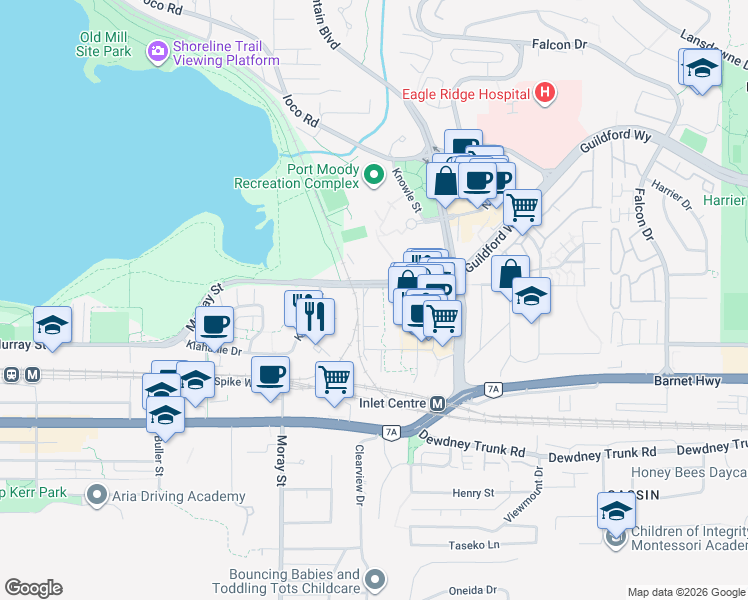 map of restaurants, bars, coffee shops, grocery stores, and more near 100 Capilano Road in Port Moody