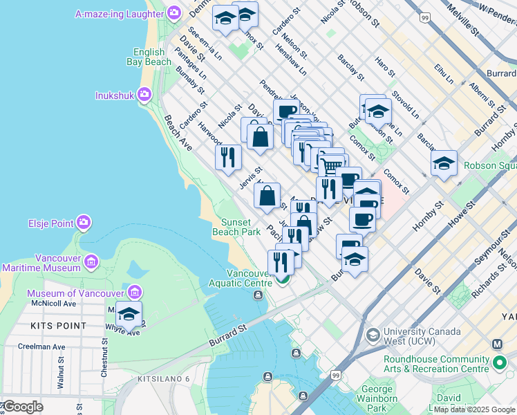 map of restaurants, bars, coffee shops, grocery stores, and more near 1215 Pacific Street in Vancouver