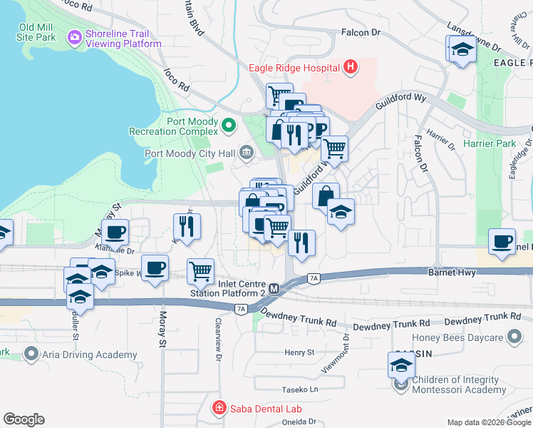 map of restaurants, bars, coffee shops, grocery stores, and more near 110 Brew Street in Port Moody