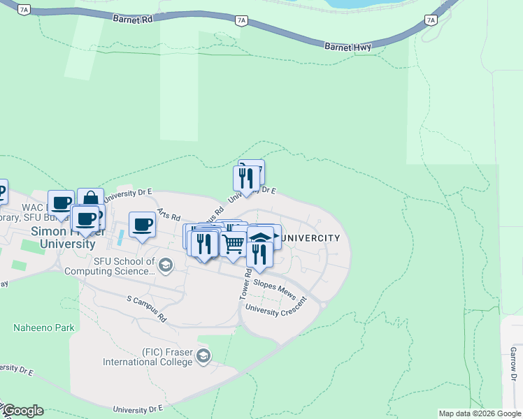 map of restaurants, bars, coffee shops, grocery stores, and more near 8855 University Crescent in Burnaby
