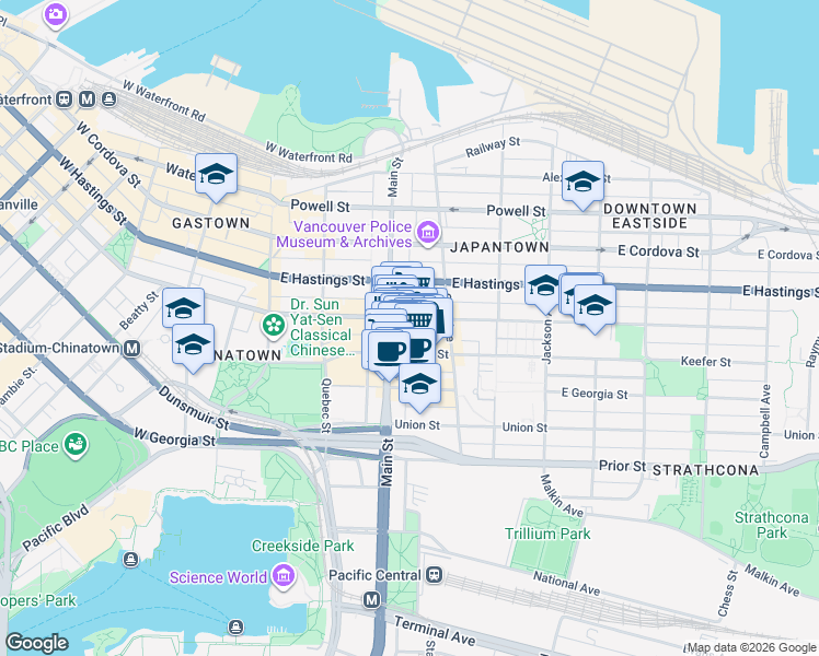 map of restaurants, bars, coffee shops, grocery stores, and more near 218 Keefer Street in Vancouver