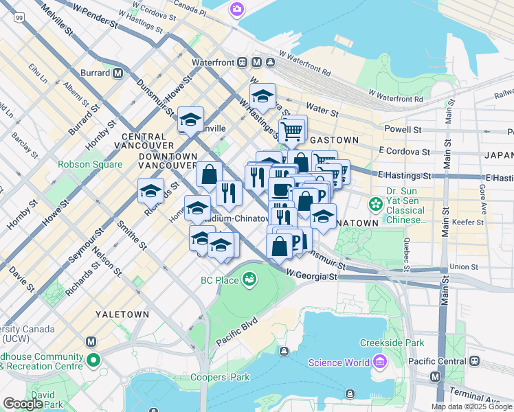map of restaurants, bars, coffee shops, grocery stores, and more near 602 Cambie Street in Vancouver