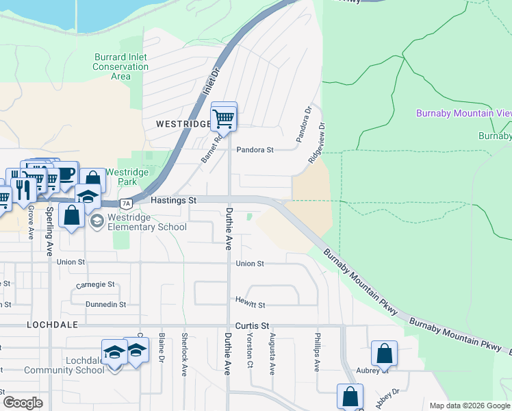 map of restaurants, bars, coffee shops, grocery stores, and more near 7252 Hastings Street in Burnaby