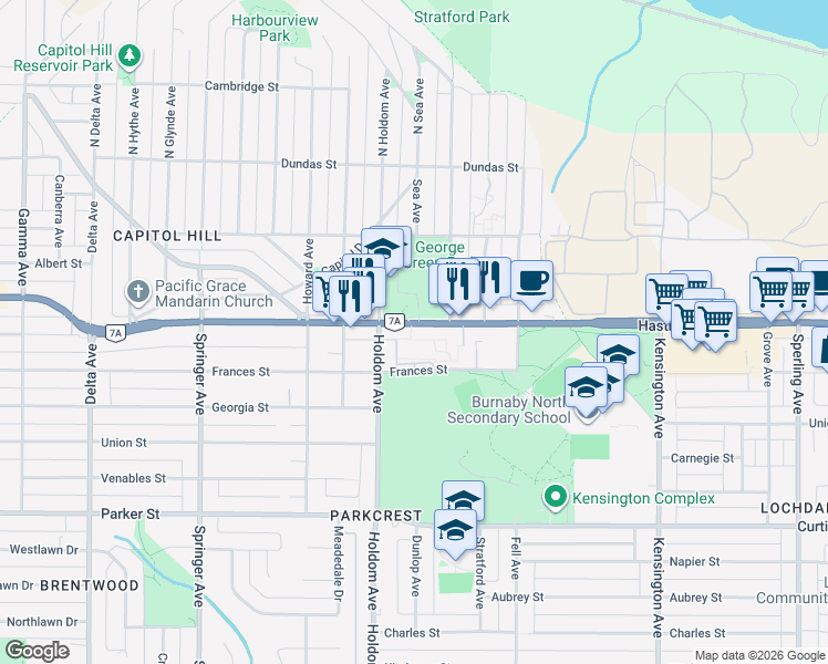 map of restaurants, bars, coffee shops, grocery stores, and more near 5760 Hastings Street in Burnaby