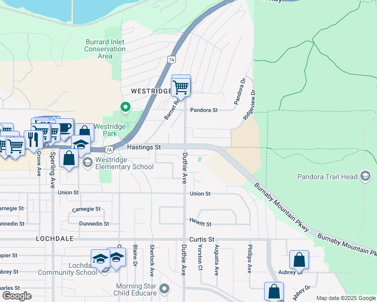 map of restaurants, bars, coffee shops, grocery stores, and more near 7206 Hastings Street in Burnaby