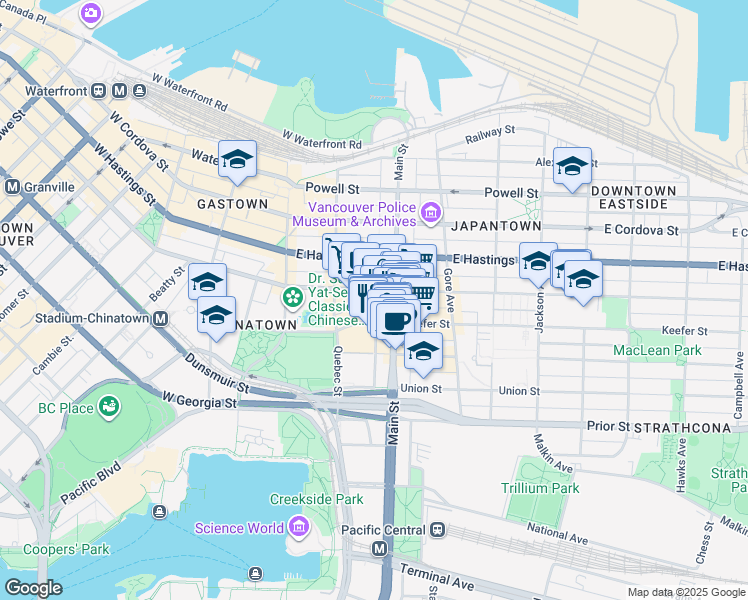 map of restaurants, bars, coffee shops, grocery stores, and more near in Vancouver