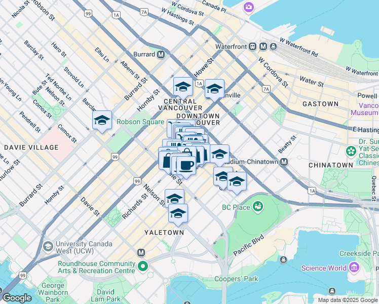 map of restaurants, bars, coffee shops, grocery stores, and more near 809 Richards Street in Vancouver