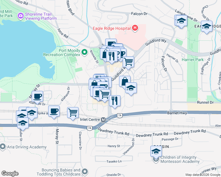 map of restaurants, bars, coffee shops, grocery stores, and more near 11 Ioco Road in Port Moody