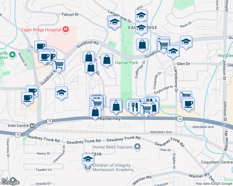 map of restaurants, bars, coffee shops, grocery stores, and more near Raven Court in Coquitlam