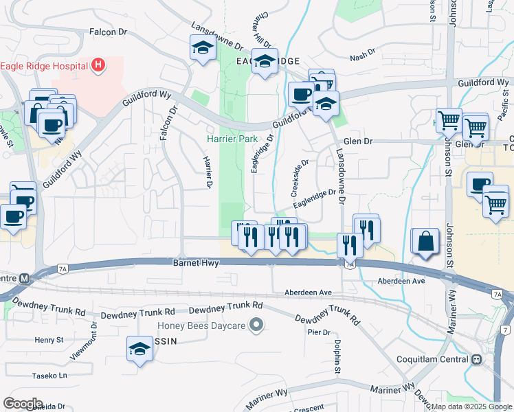 map of restaurants, bars, coffee shops, grocery stores, and more near 1185 Eagleridge Drive in Coquitlam