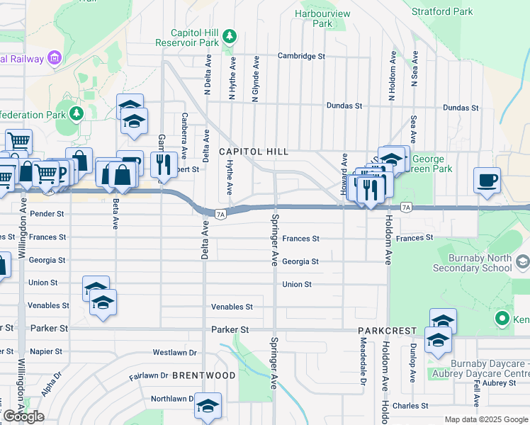 map of restaurants, bars, coffee shops, grocery stores, and more near 5133 Frances Street in Burnaby