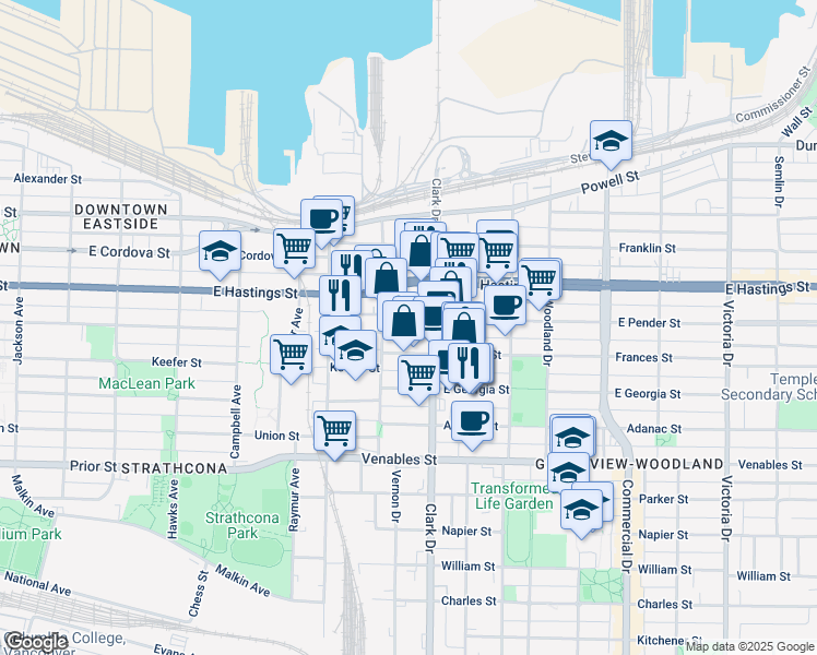 map of restaurants, bars, coffee shops, grocery stores, and more near 1215 Frances Street in Vancouver