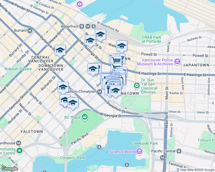 map of restaurants, bars, coffee shops, grocery stores, and more near 183 Keefer Place in Vancouver