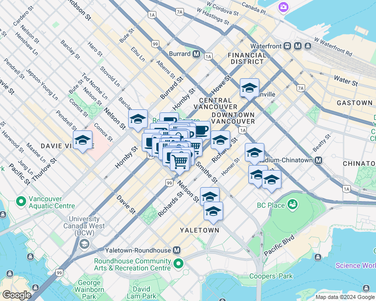 map of restaurants, bars, coffee shops, grocery stores, and more near 675 Smithe Street in Vancouver