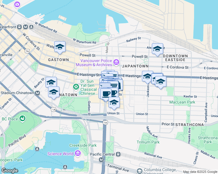 map of restaurants, bars, coffee shops, grocery stores, and more near 500 Main Street in Vancouver