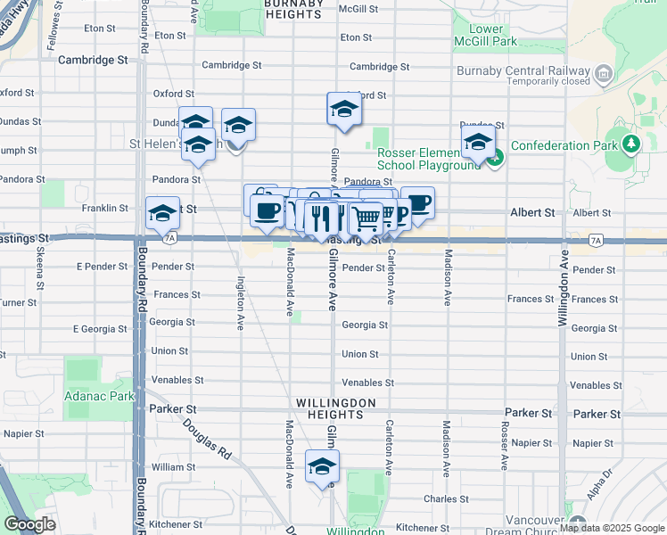 map of restaurants, bars, coffee shops, grocery stores, and more near 405 Gilmore Avenue in Burnaby