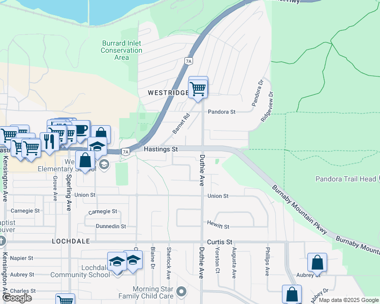 map of restaurants, bars, coffee shops, grocery stores, and more near 7158 Hastings Street in Burnaby
