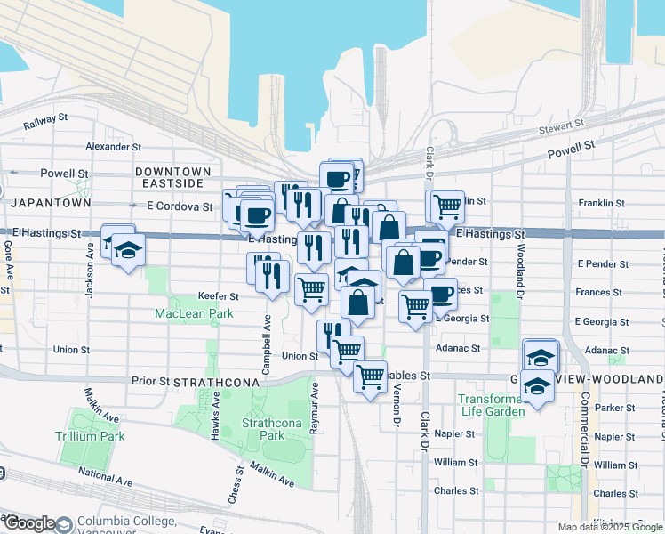 map of restaurants, bars, coffee shops, grocery stores, and more near 1063 East Pender Street in Vancouver