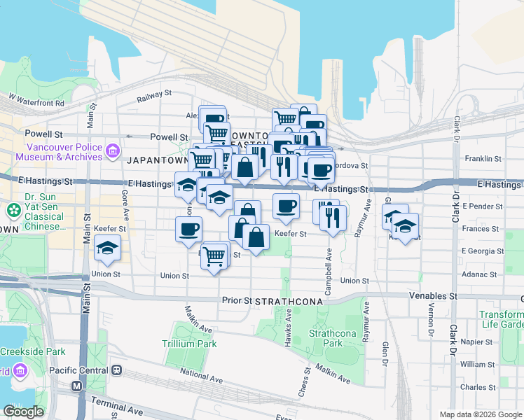 map of restaurants, bars, coffee shops, grocery stores, and more near 721 E Pender St in Vancouver