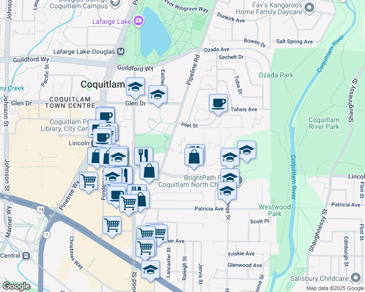 map of restaurants, bars, coffee shops, grocery stores, and more near in Coquitlam