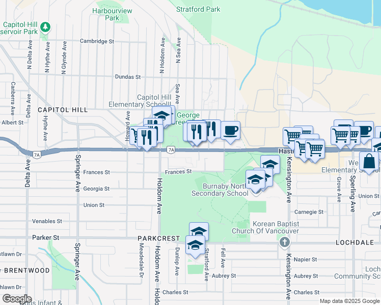 map of restaurants, bars, coffee shops, grocery stores, and more near 95-5790 Hastings Street in Burnaby