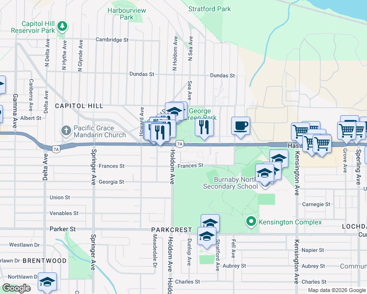 map of restaurants, bars, coffee shops, grocery stores, and more near 530 Holdom Avenue in Burnaby