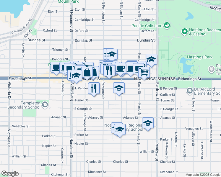 map of restaurants, bars, coffee shops, grocery stores, and more near 2629 Turner Street in Vancouver